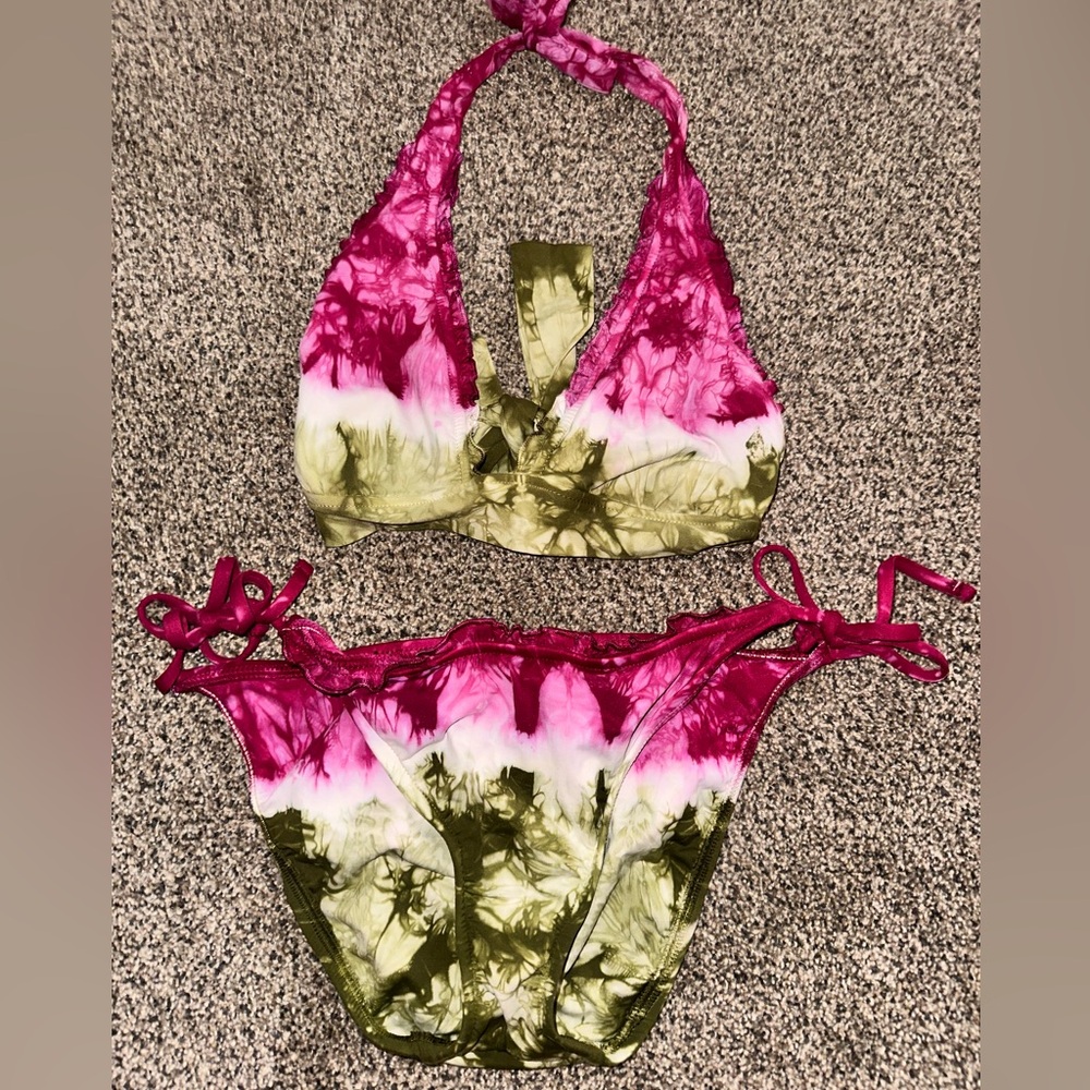 Lucky Brand Pink and Green Tie-Dye Bikini Set